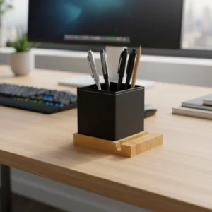 Organizador de Bolígrafos de Cuerina y Bambú