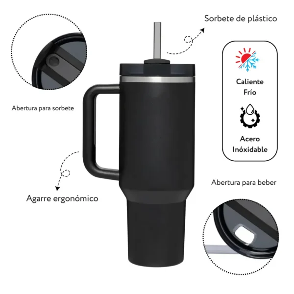 Tumbler 40 onz tipo Stanley - Vaso de acero inoxidable aislado al vacío con tapa y sorbete - Imagen 9