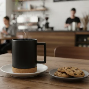 Taza de Cerámica con Base de Corcho y Tapa Plástica.
