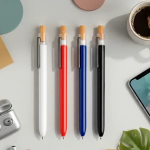 Bolígrafo de plástico y botón de bambú