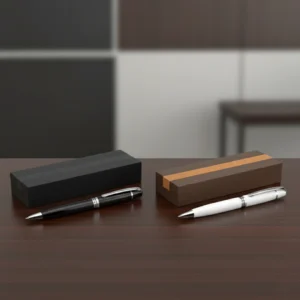 Bolígrafo metálico de acción giratoria + caja de papel duro
